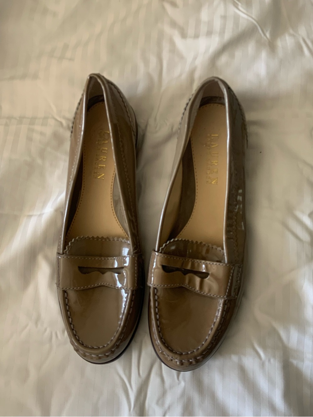 Lauren Ralph Lauren Taupe Patent Leather Penny Loafers